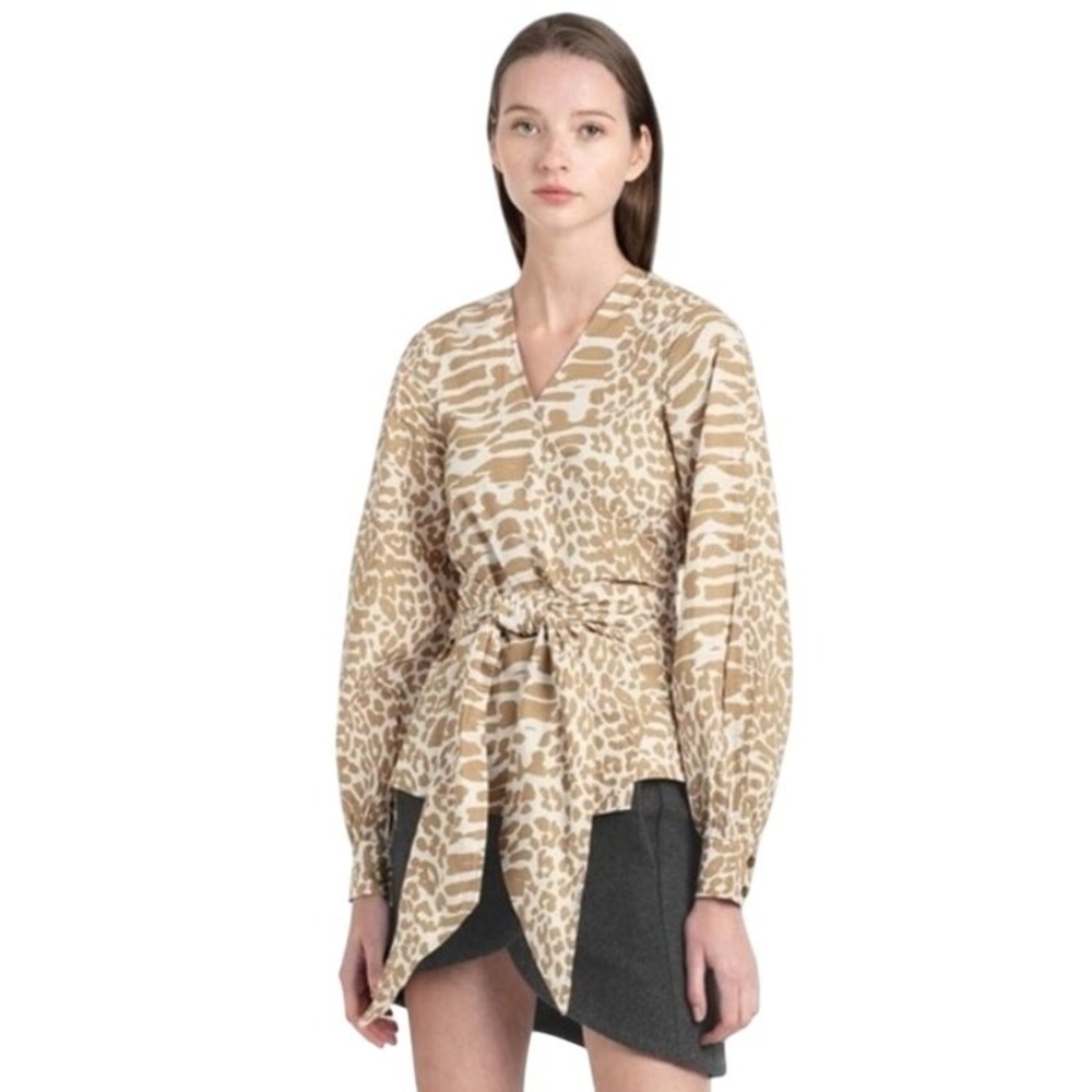 GANNI Animal Print Long Puff Sleeve Wrap Top sz 0 New without tags